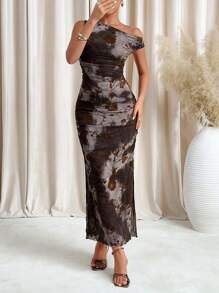 SHEIN Clasi Women's Tie-Dye Printed Pleated Slim-Fit Oblique Shoulder Mesh Dress Spring Women Outfits Date Night Dress