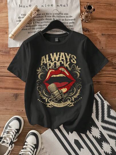 Attitoon Vintage läpptryck Casual lös halsringad kortärmad T-shirt för kvinnor, lämplig för sommaren, bomullsblandning