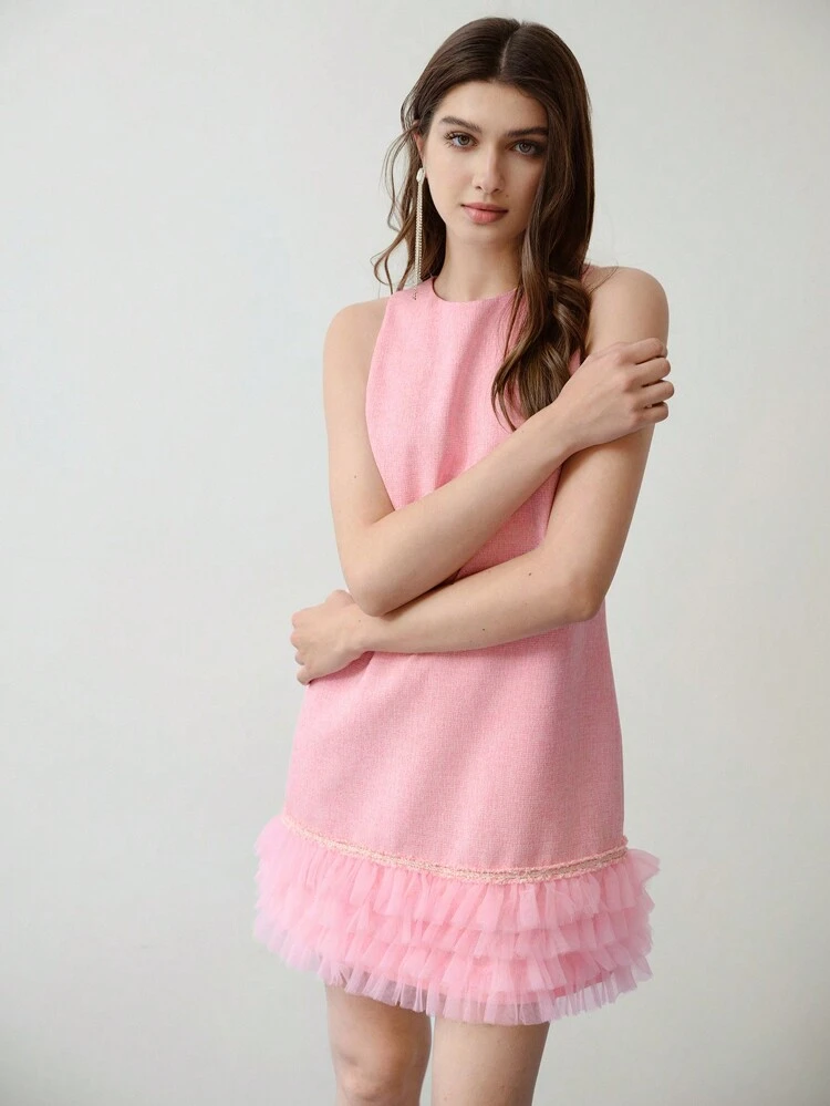 MOTF STUDIO TWEED CONTRAST MESH RUFFLE HEM DRESS,VALENTINE'S DAY OUTFIT,SPRING/SUMMER