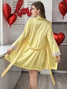 SilkySpell Contrast Color Lace Faux Silk Camisole Nightdress & Robe Set, Vacation