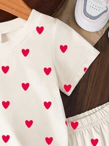 Baby Girl Heart Print Round Neck Short Sleeve T-Shirt And Shorts Knit Set, Suitable For Valentine's Day - Multicolor - View 3