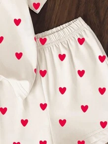 Baby Girl Heart Print Round Neck Short Sleeve T-Shirt And Shorts Knit Set, Suitable For Valentine's Day - Multicolor - View 6