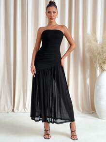 SHEIN Clasi Women's Ruched Cropped Bodice Splicing Dress, Minimalist Casual Daily Wear Spring Women Outfits Date Night Dress - Black - View 3