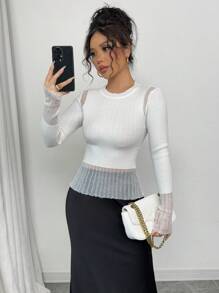 Chiquease Women Ribbed Round Neck Slim Fit Organza Half Sheer Sleeve Hemline Sweater, Spring/Summer Knit Pullover Fall Winter Sweater - White - View 1