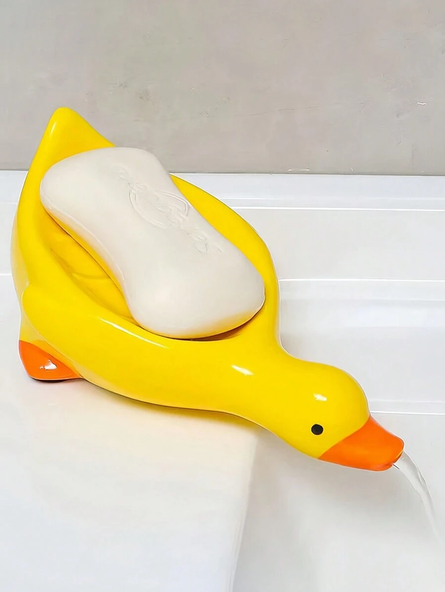 1pc Yellow Duck Shaped Soap Rack,Plastic Material, Suitable For Kitchen Bathroom Countertop Receiving Box, Non-Slip Drain Soap Box Container Bathroom Accessories Home Bathroom Decor Summer - Yellow - View 1