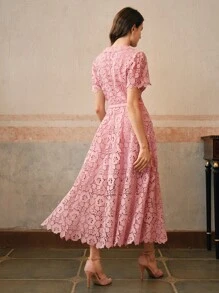 Anewsta Đầm midi bó sát cổ chữ V, eo thắt thanh lịch cho nữ có ren tan trong nước - Hồng - Xem 2