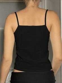 INAWLY Camiseta de tirantes finos con botones de unicolor negro, diseño sencillo para mujeres