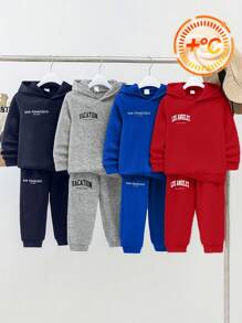 8pcs Tween Boy Casual Korean Style Letter & Graphic Print Hoodie Sweatshirt And Solid Color Sweatpants 2 Pieces Set, 4 Designs, Suitable For School, Garden, Beach, Birthday, Spring, Summer, Autumn, Winter