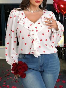 Flirla Blusa Plus Size Feminina Dia dos Namorados Romântico Coração Decote Em V Babados Manga Longa - Branco - Ver 1