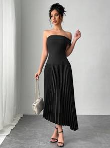 SHEIN Unity 1 pieza Vestido de tirantes elegante con pliegues y bajo asimétrico - Negro - Ver 5