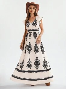 SHEIN LUNE Shirred Ruffle Trim Cap Sleeve Drawstring Waist A-Line Dress With Placement Print, Casual Holiday Dress For Ladies