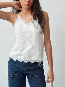 MOTF STUDIO DÉBARDEUR MOTIF NŒ UD PERLE EN DENTELLE CONTRASTÉ - Blanc - Voir 6