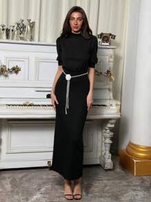 Aloruh 简约办公室通勤装小立领无袖紧身上衣搭配宽松下装长款修身连衣裙女 - 黑色 - 查看 3