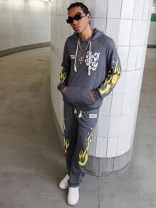 PAVTROS Men's Letter Print Long Sleeve Hoodie And Sweatpants Baseball Set - Grey - View 3