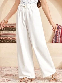 SHEIN Teen Girls' Casual Vacation White Comfortable Woven Cotton Twill Drawstring Waist Wide Leg Pants