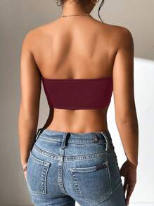 SHEIN PETITE Women's Solid Color Cropped Fitted Tube Top - Burgundy - View 2