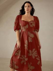 Aveloria Rosie Plus Size Willekeurige Franse Vintage Botsende Kleur Bloemenprint Gerimpelde Buste Cup Vierkante Hals Pofmouw Jurk Vakantie Outfits Vrouw Voor De Zomer