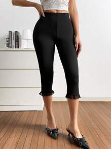 Muchica Black Knit Contrast Lace Trim Capri Leggings