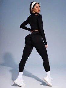 Dewbera Dewbera Women's Spring Tight High Waist Casual Simple Zip-Up Suit, American Style Yoga Activewear - Black - View 2