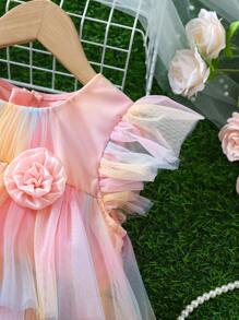 年轻女孩休闲网眼拼布 3D 花卉装饰迷你连衣裙 - 彩色 - 查看 3