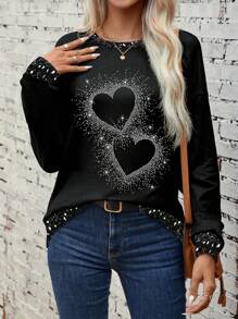 SHEIN LUNE Sweat-shirt-shirt décontracté à col rond et manches longues avec motif cœur pour femmes, automne - Multicolore - Voir 4