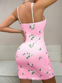 Floral Print Lace Trim Fitted Cami Nightgown - Pink - View 2