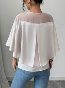 Elenzga Women's Solid Color V-Neck Batwing Sleeve Ruffle Hem Loose Blouse - Beige - View 2