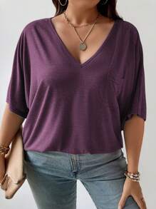 SHEIN CURVE+ 女士加大码简约纯色蝙蝠袖 T 恤，休闲时尚，适合日常穿着 - 紫色 - 查看 5