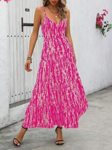 Breezaya Spaghetti Strap Full Printed Dress With Ruffle Hem Maxi Vacation Beach Outfits Women