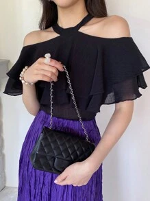 DAZY Blusa de gasa con hombros abiertos, volantes y manga corta de unicolor para mujer, primavera/verano - Negro - Ver 2