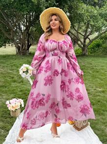 Flirla Plus Size French Romantic Vacation Iris Purple Ditsy Floral Dress, Spring/Summer New Arrival, Shirred Waist Gathered Slim Fit Sweet & Gentle Dress For Beach