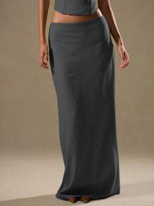 MUSERA Low Rise Column Fit Maxi Skirt 90's Elegant, Cute      Occasion  Party Spring Valentines Day - Grey - View 2