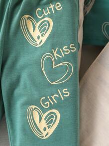 Conjunto de 2 piezas para niñas con camiseta de manga corta con estampado de corazón y pantalones con cordón y gráfico de corazón, conjunto de verano para uso diario, salidas, deportes, 4 piezas/set