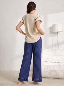 Lazeform Conjunto de ropa informal para el hogar con pantalones de mujer con cuello redondo, volantes y mangas cortas de color contrastante