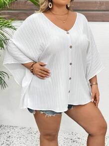 SHEIN CURVE+ 大码女式度假纹理蝙蝠袖 V 领衬衫 波西米亚风度假