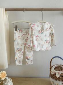 3pcs Baby Girl Easter Outfit,Cute Multicolor Funny Rabbit Squirrel Mushroom Forest Long Sleeve T-Shirt,Leggings&Headband Set,Autumn Family Matching - Khaki - View 2