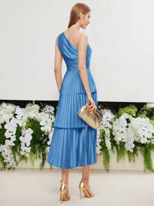 MOTF PREMIUM 单肩褶饰连衣裙 - 藍色 - 查看 8