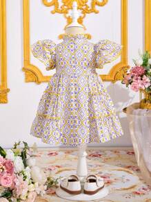 SHEIN 夏季假期女婴花卉印花休闲连衣裙 - 卡其色 - 查看 3
