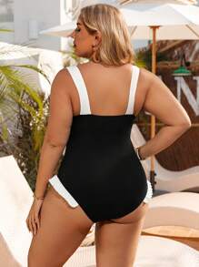Swim Lushoire Plus Size One-Piece Swimsuit, Simple Fashion Daily Casual For Summer Beach Vacation - Black and White - View 2