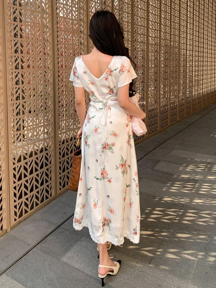 Women's Elegant Floral Full Print Lace Trim Dress Sundress Maxi Dress