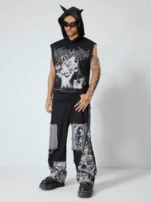 ROMWE MEN Street Life 印花图案男式牛仔裤，不对称剪裁 - 黑色 - 查看 2