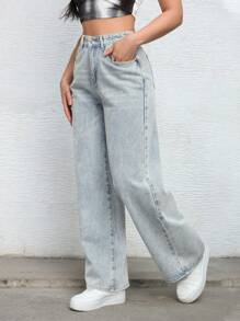 女式纽扣前口袋简约设计休闲牛仔裤 - 淺色水洗藍 - 查看 4