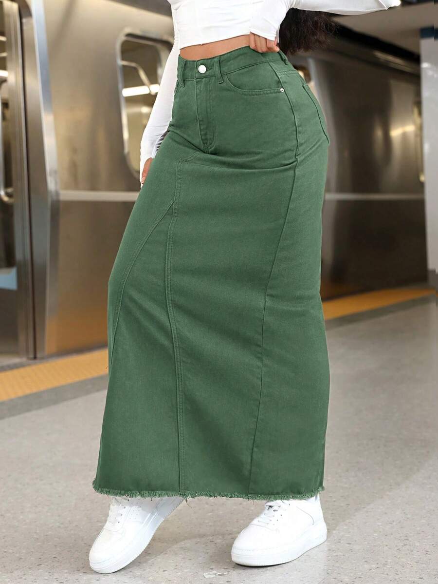 SHEIN EZwear Váy Maxi Denim Thẳng Dài Thường Ngày Có Túi Cho Nữ - màu xanh lá - Xem 1