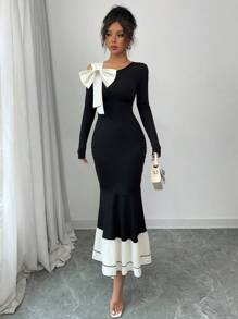 Elenzga 女士撞色蝴蝶结长袖连衣裙 - 杏色 - 查看 3