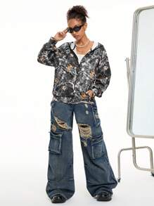 SHEIN EZwear Women's Fall/Winter Couple Same Style/Couple Same Style/Basic/Going Out Knit Camo Thermal Lined Keep Warm Zip Up Green Baggy Long Sleeve Sweatshirt - Grey - View 3