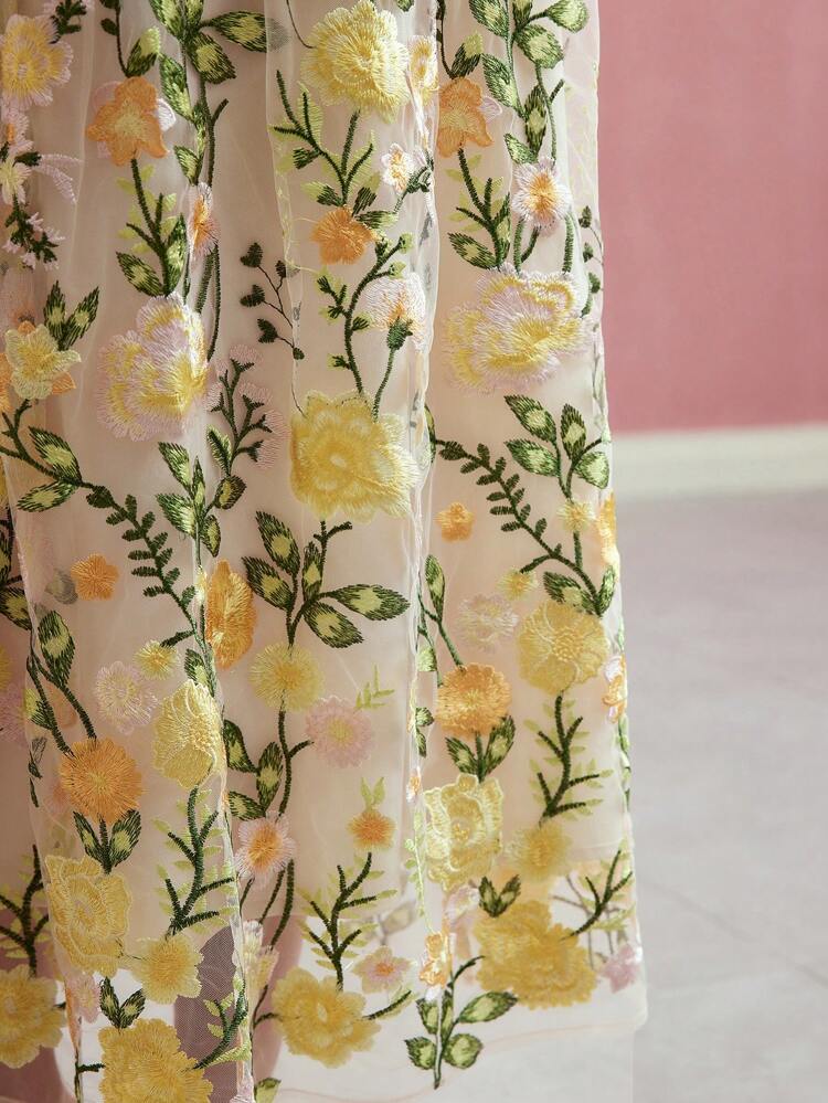 CONTRAST MESH FLORAL EMBROIDERY DRESS,SPRING/SUMMER