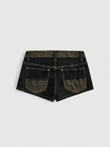 ROMWE Grunge Punk 复古Y2K性感超低腰豹纹拼接做旧街头风按扣链条心形豹纹女式牛仔短裤