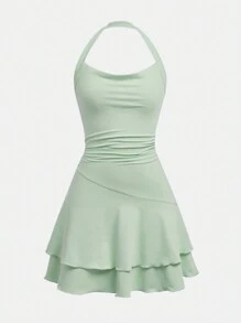 SHEIN Girlism Teen Girls' Knitted Neckline Waist Ruched Cake Hem Dress Graduation Dress