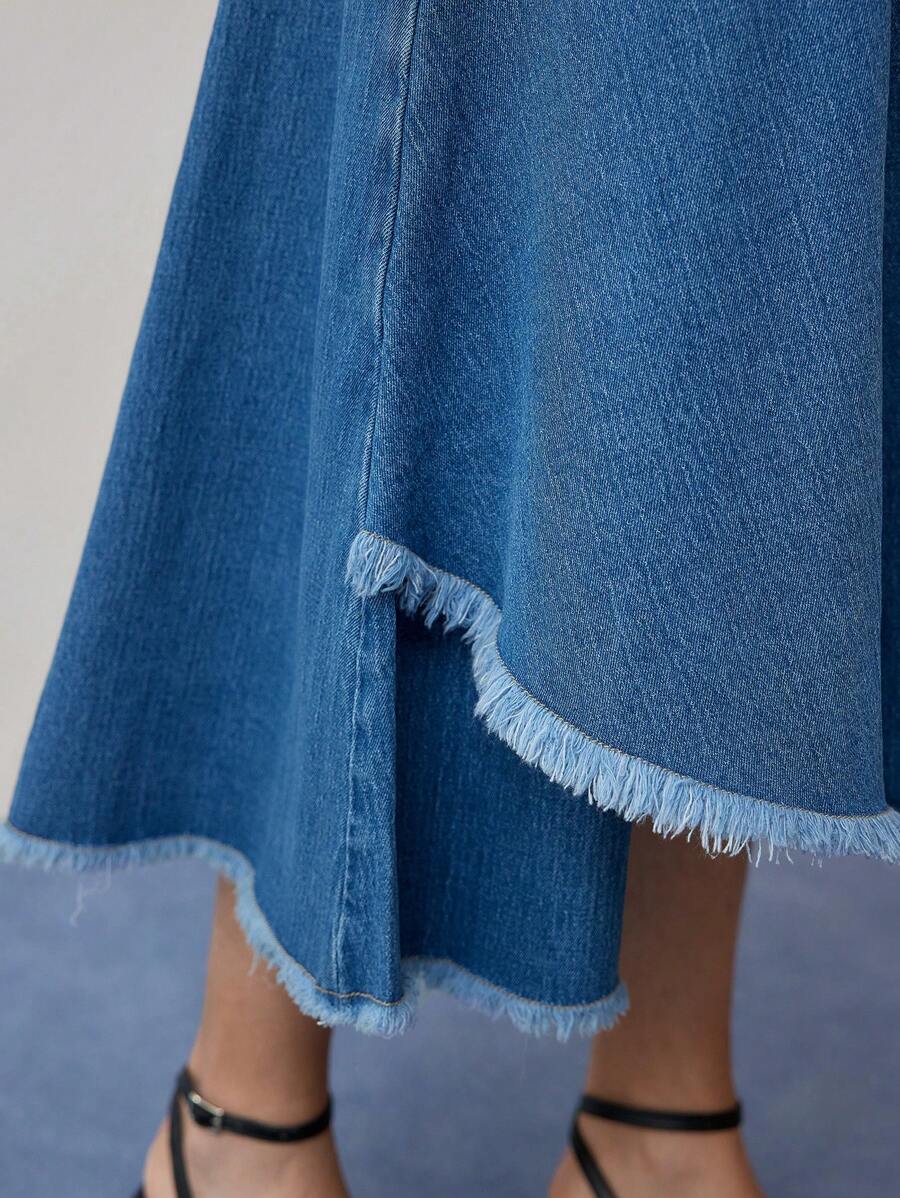 MOTF STUDIO ASYMMETRICAL RAW HEM DENIM SKIRT - Blue - View 2