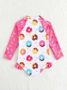 SHEIN 女婴可爱甜甜圈印花荷叶边长袖连体泳衣，海滩度假 - 彩色 - 查看 2